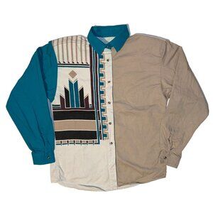 Rodeo Active Southwestern Aztec Print Long Sleeve Button Up Shirt M Shoulder Pad